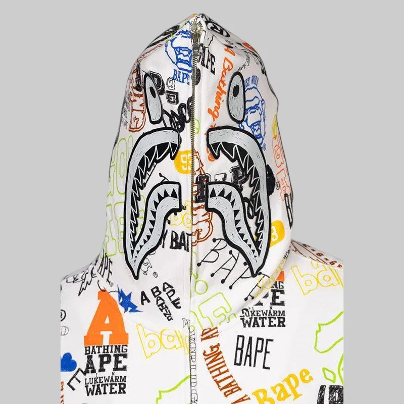 Hand Draw Pattern Shark Zip Hoodie - White