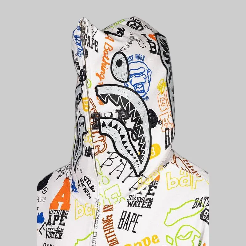 Hand Draw Pattern Shark Zip Hoodie - White