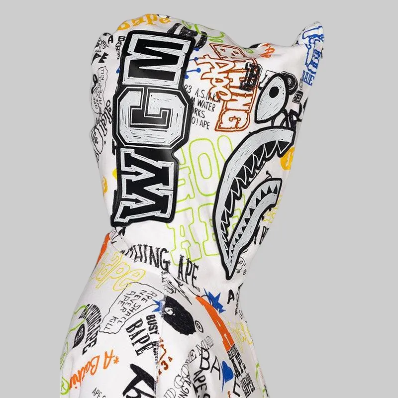 Hand Draw Pattern Shark Zip Hoodie - White