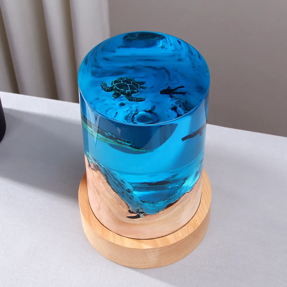HandMade Wood & Resin Lamp light with Turtle and the Diver. Made for parashuteHome