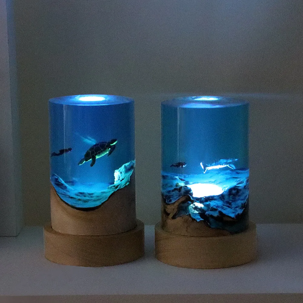 HandMade Wood & Resin Lamp light with Turtle and the Diver. Made for parashuteHome