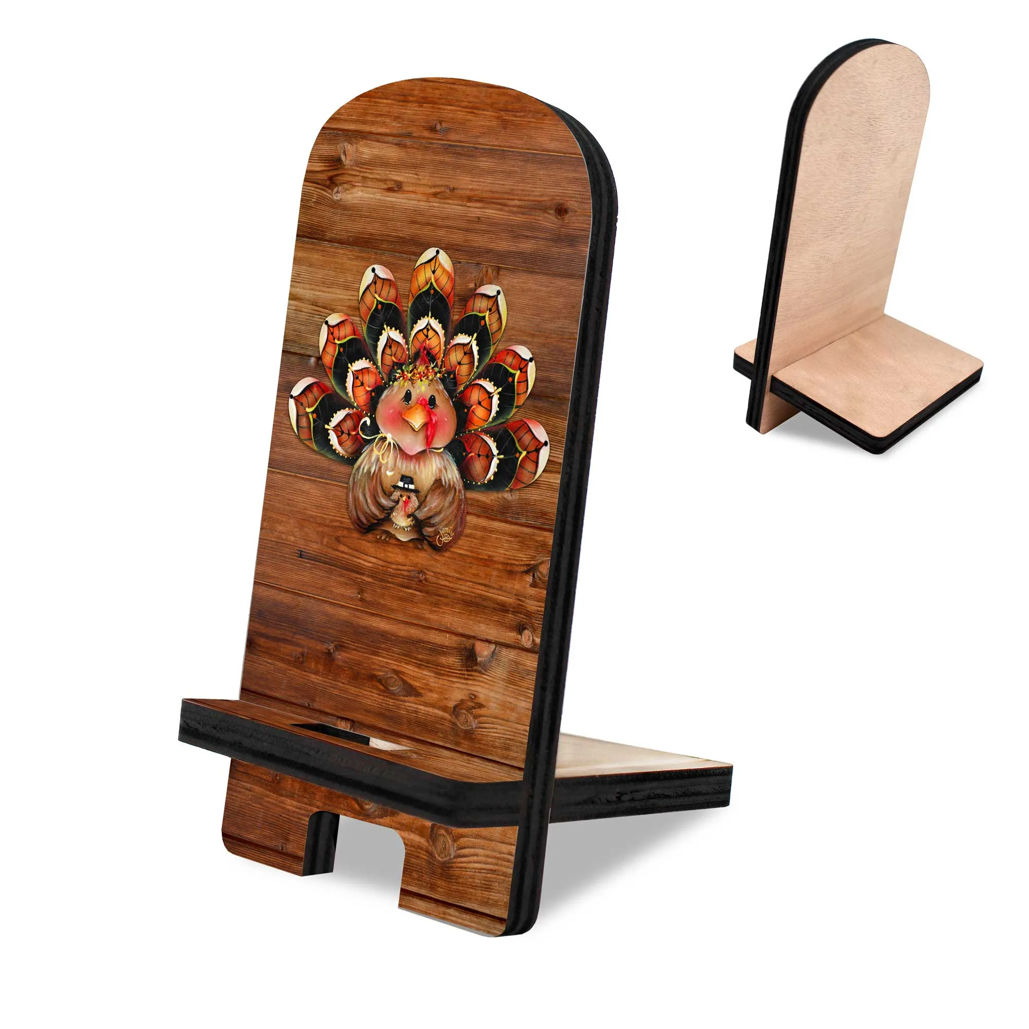 Happy Turkey Cell Phone Stand Halloween Decor Wood Mobile Tablet Holder Charging Station Organizer by Jamie Mills-Price - 892038-MP