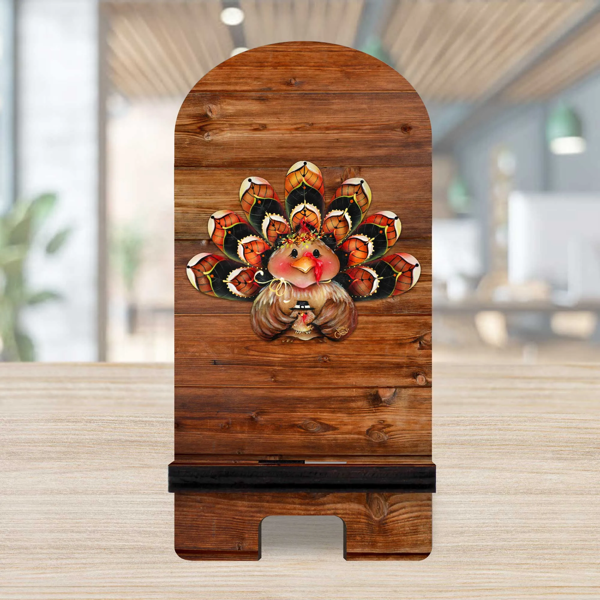 Happy Turkey Cell Phone Stand Halloween Decor Wood Mobile Tablet Holder Charging Station Organizer by Jamie Mills-Price - 892038-MP