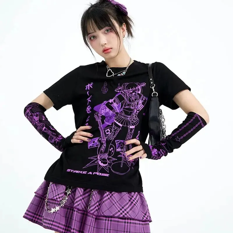 Harajuku Music Girl Print Black T-shirt