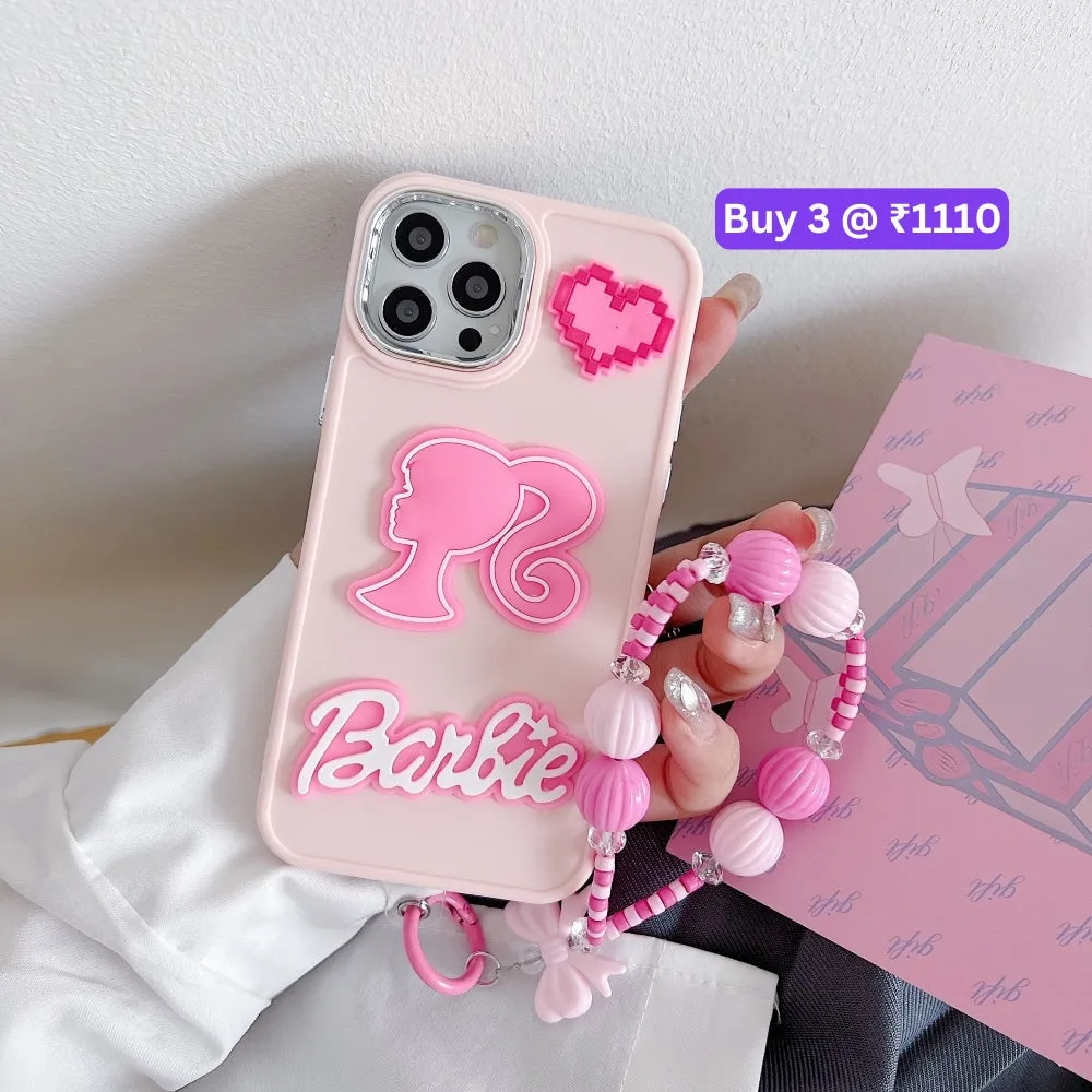 Heart and Doll Charm Silicone Soft Phone Case with Bracelet - iPhone 14 Plus