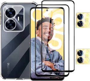 Hugewth Realme C55 Case, Camera Lens Protector with Full Screen Tempered Glass Film (Clear, Special Import)