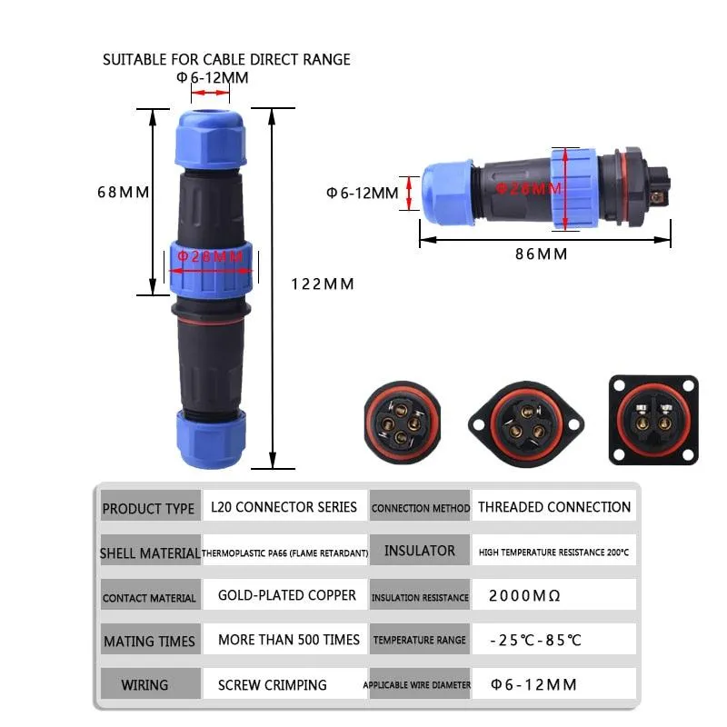 IP68 Waterproof Connector Male Plug &amp; Female Socket 2/3/4 Pin Optional