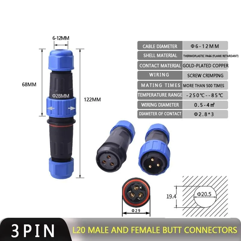 IP68 Waterproof Connector Male Plug &amp; Female Socket 2/3/4 Pin Optional