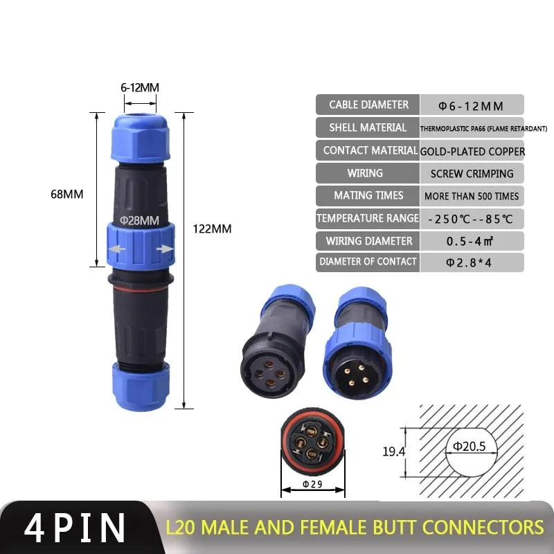IP68 Waterproof Connector Male Plug &amp; Female Socket 2/3/4 Pin Optional