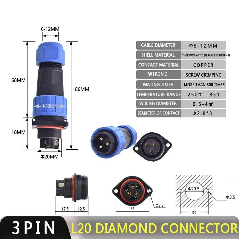 IP68 Waterproof Connector Male Plug &amp; Female Socket 2/3/4 Pin Optional
