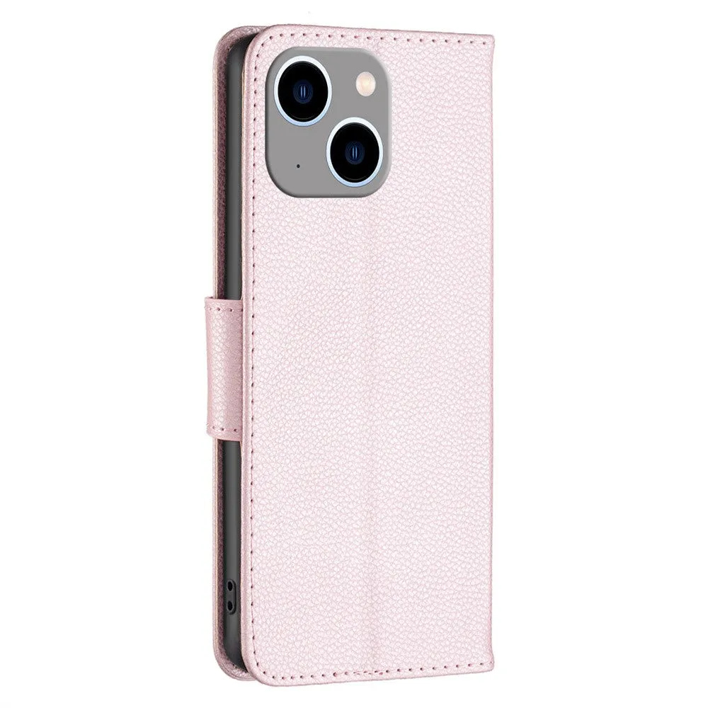 iPhone 14 Plus leather case flip cover in litchi look with card slot   wrist strap - rose gold