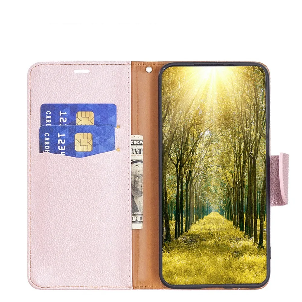 iPhone 14 Plus leather case flip cover in litchi look with card slot   wrist strap - rose gold