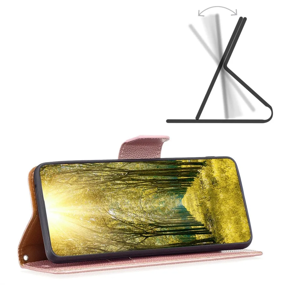 iPhone 14 Plus leather case flip cover in litchi look with card slot   wrist strap - rose gold
