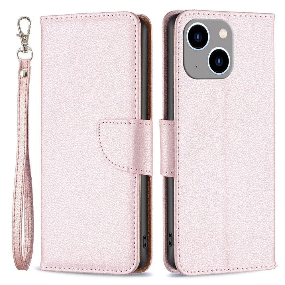 iPhone 14 Plus leather case flip cover in litchi look with card slot   wrist strap - rose gold