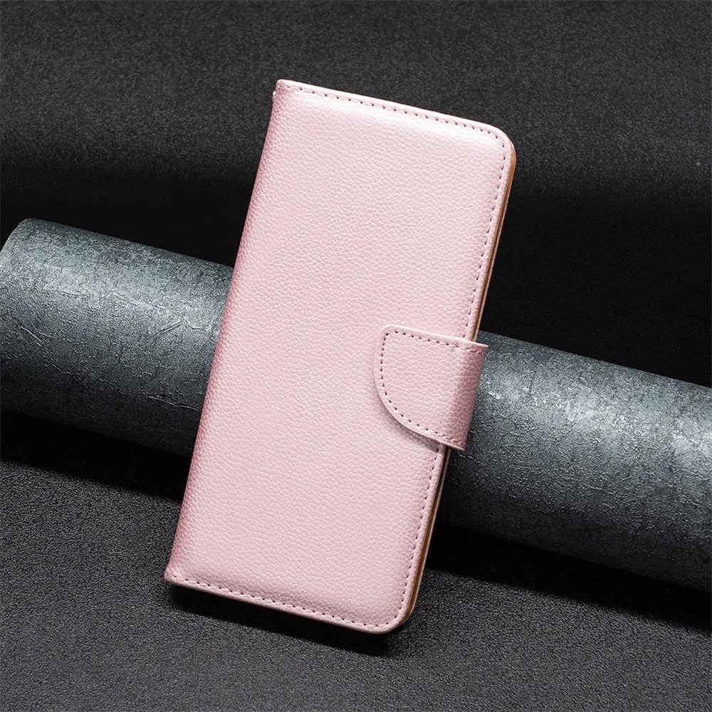 iPhone 14 Plus leather case flip cover in litchi look with card slot   wrist strap - rose gold