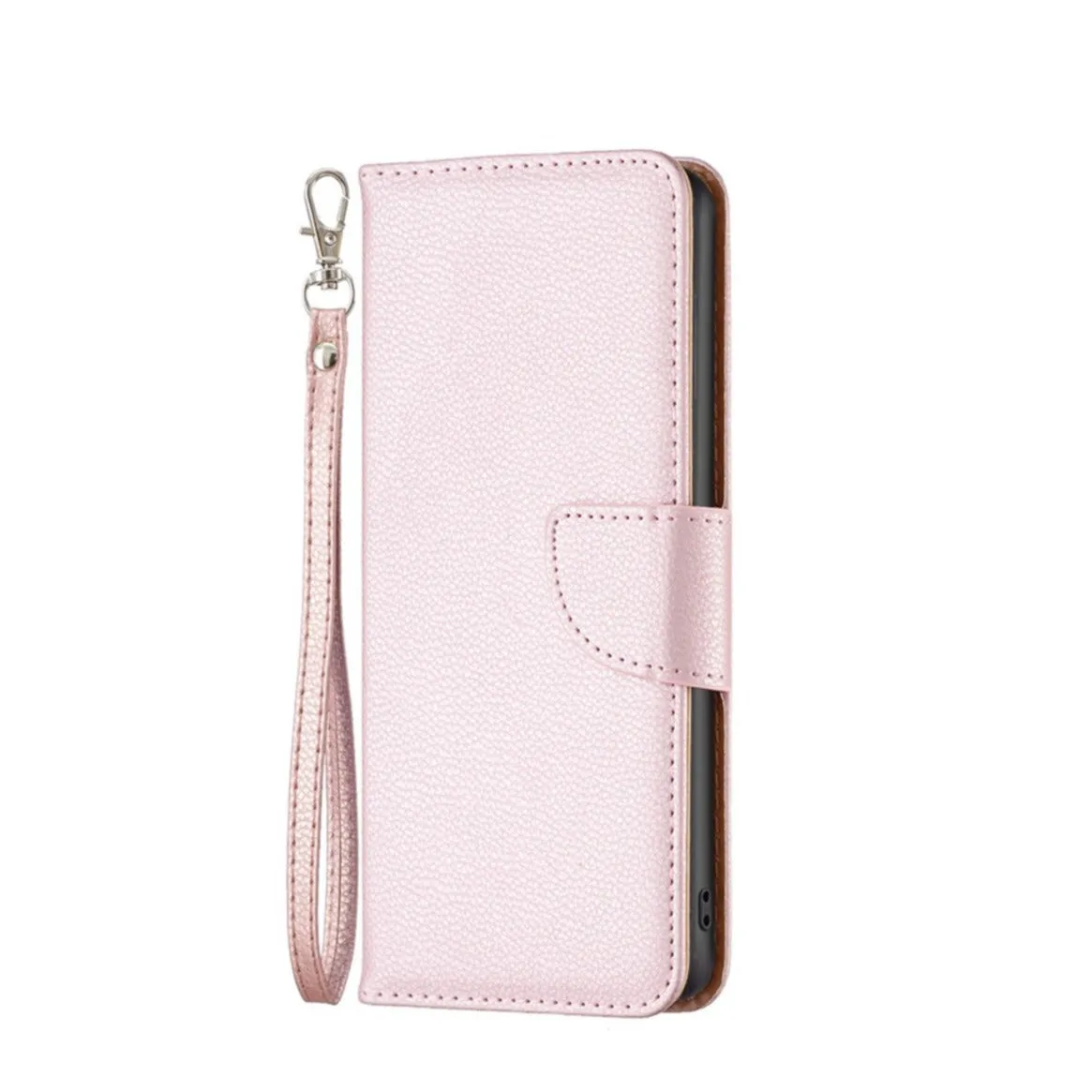iPhone 14 Plus leather case flip cover in litchi look with card slot   wrist strap - rose gold