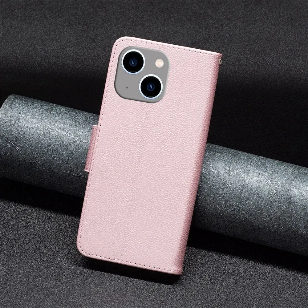 iPhone 14 Plus leather case flip cover in litchi look with card slot   wrist strap - rose gold