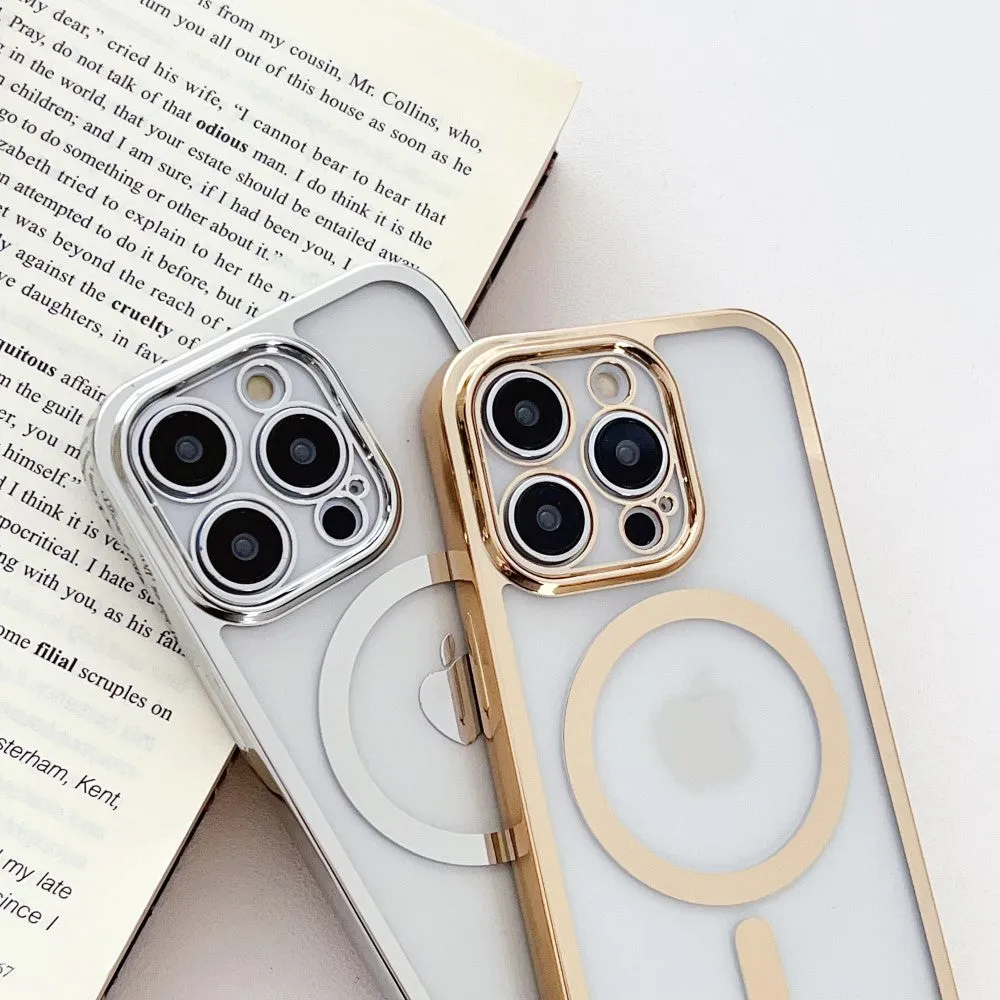 iPhone 14 Pro Max MagSafe Necklace Rubber Case Galvanized Frame with Mobile Phone Chain (160cm)   Camera Protection - Purple / Transparent