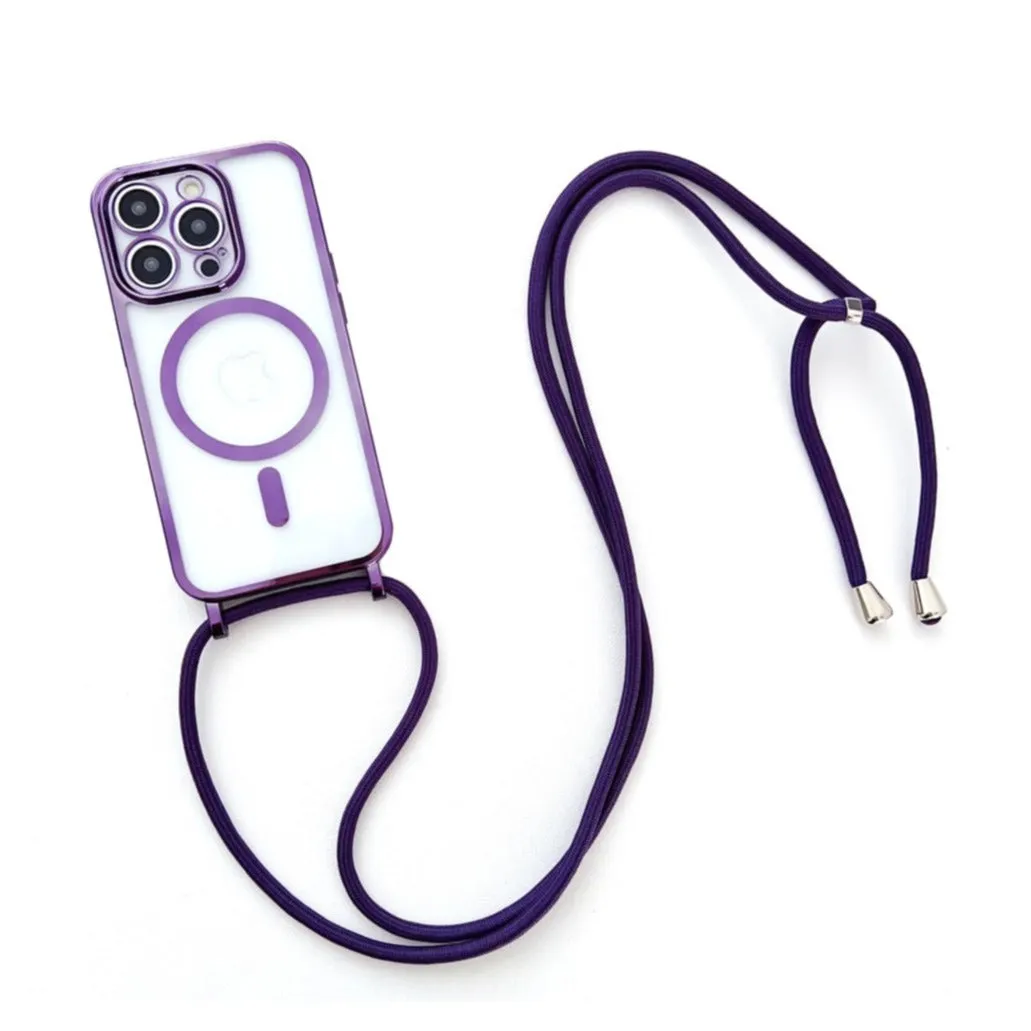 iPhone 14 Pro Max MagSafe Necklace Rubber Case Galvanized Frame with Mobile Phone Chain (160cm)   Camera Protection - Purple / Transparent