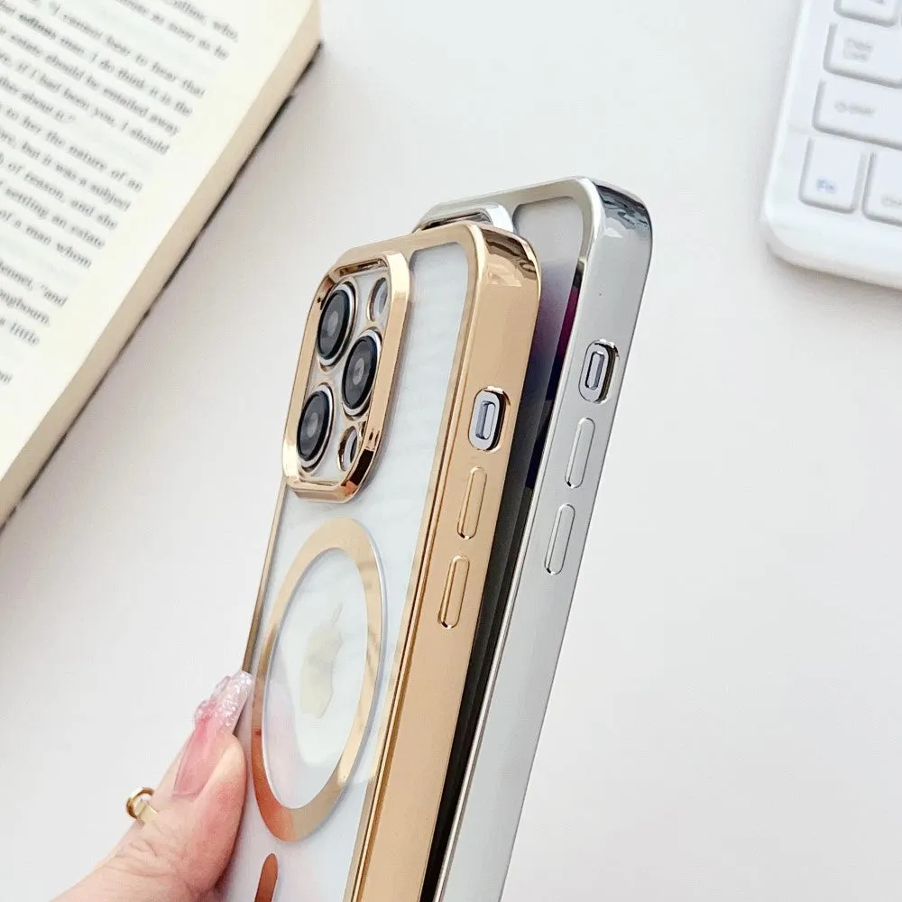 iPhone 14 Pro Max MagSafe Necklace Rubber Case Galvanized Frame with Mobile Phone Chain (160cm)   Camera Protection - Purple / Transparent