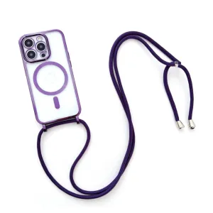 iPhone 14 Pro Max MagSafe Necklace Rubber Case Galvanized Frame with Mobile Phone Chain (160cm)   Camera Protection - Purple / Transparent
