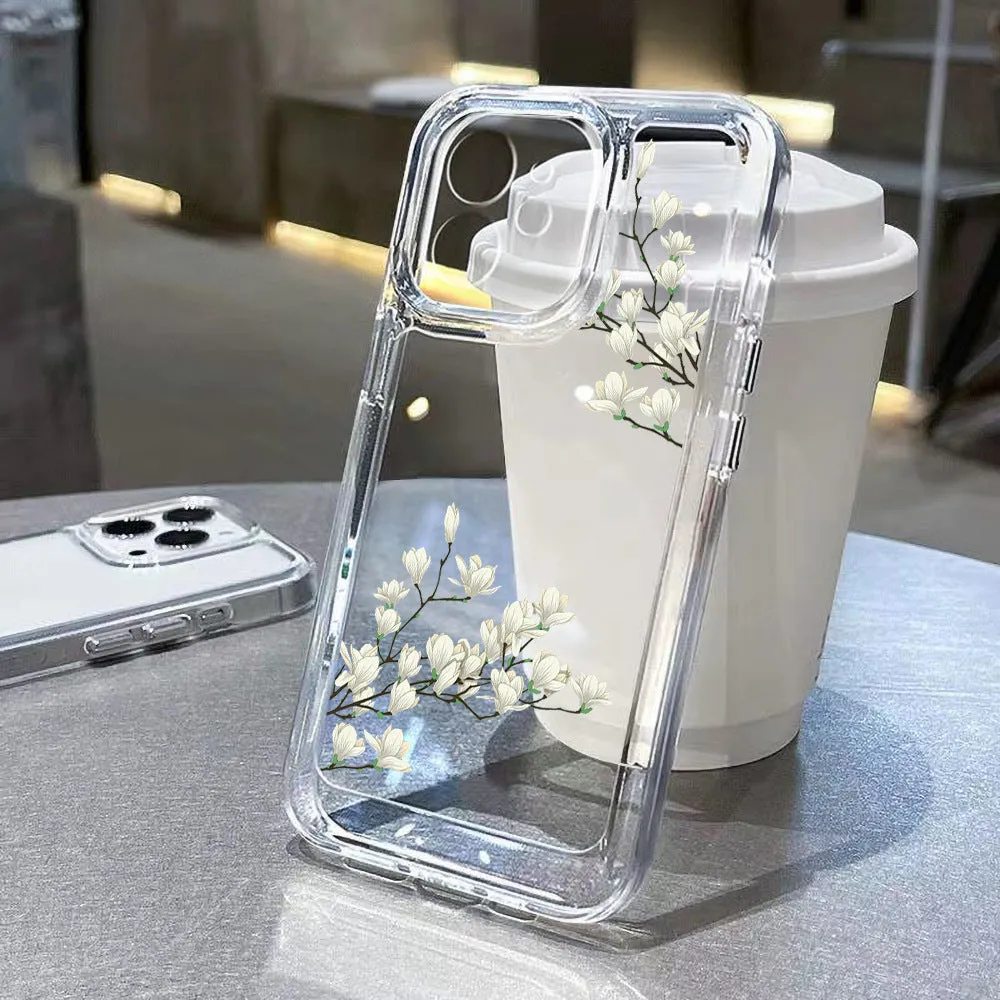 iPhone 14 Pro rubber case with camera protection - White flowers