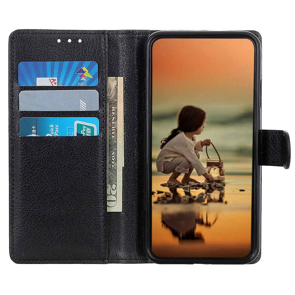 iPhone 16 Leather Case Flip Cover Litchi Look - Black