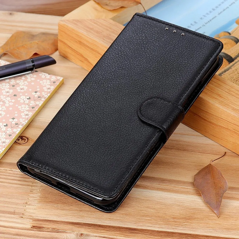 iPhone 16 Leather Case Flip Cover Litchi Look - Black