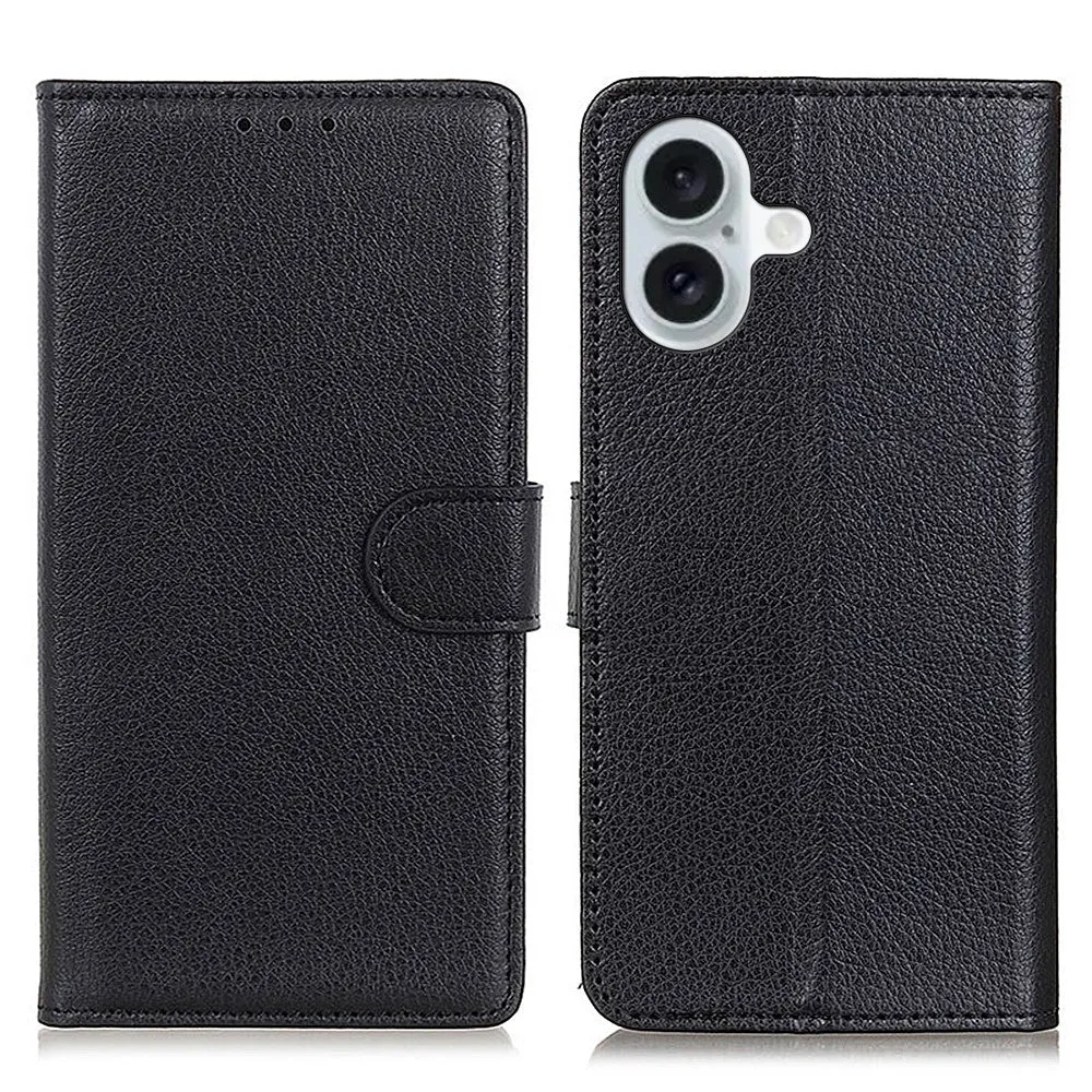 iPhone 16 Leather Case Flip Cover Litchi Look - Black