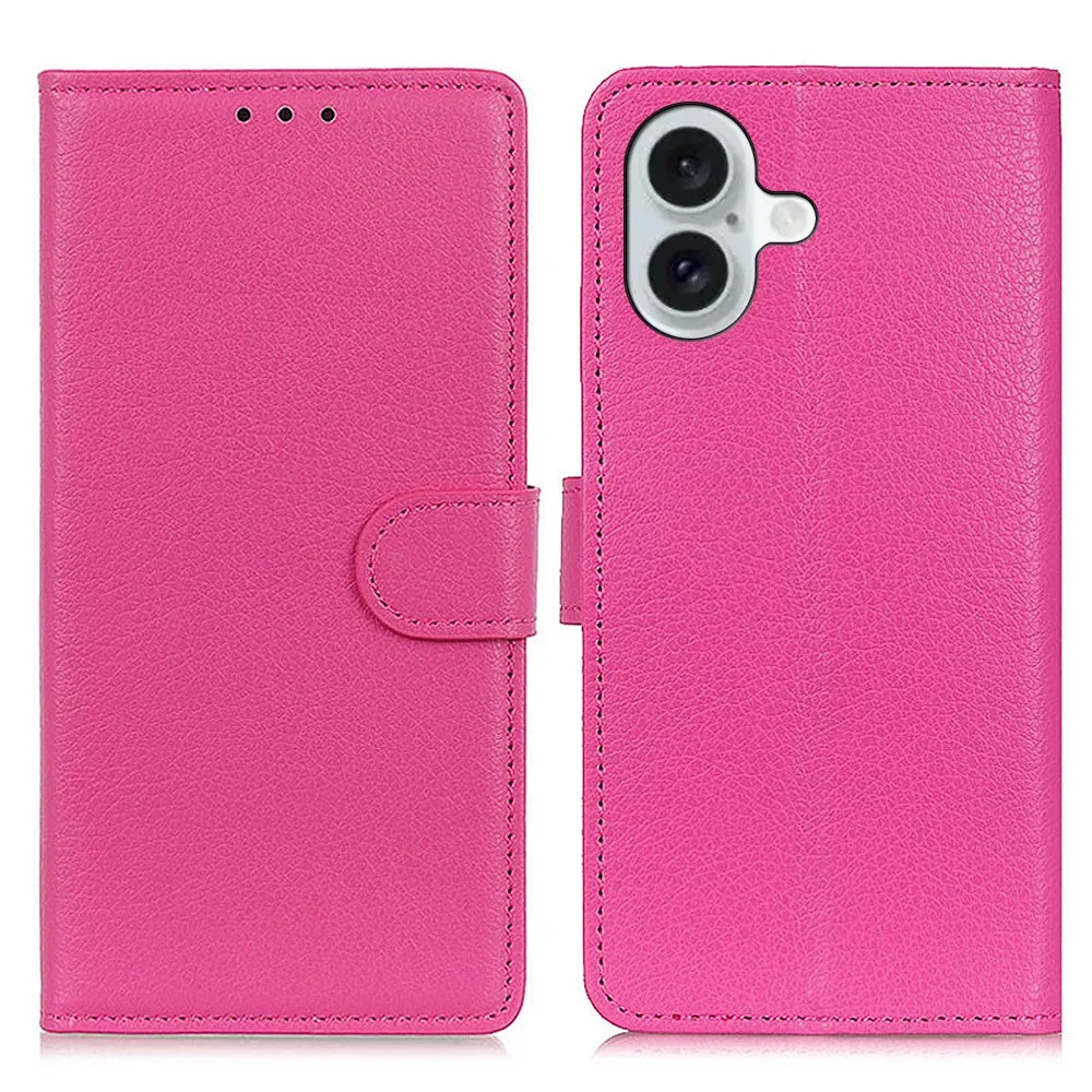 iPhone 16 Leather Case Flip Cover Litchi Look - Pink