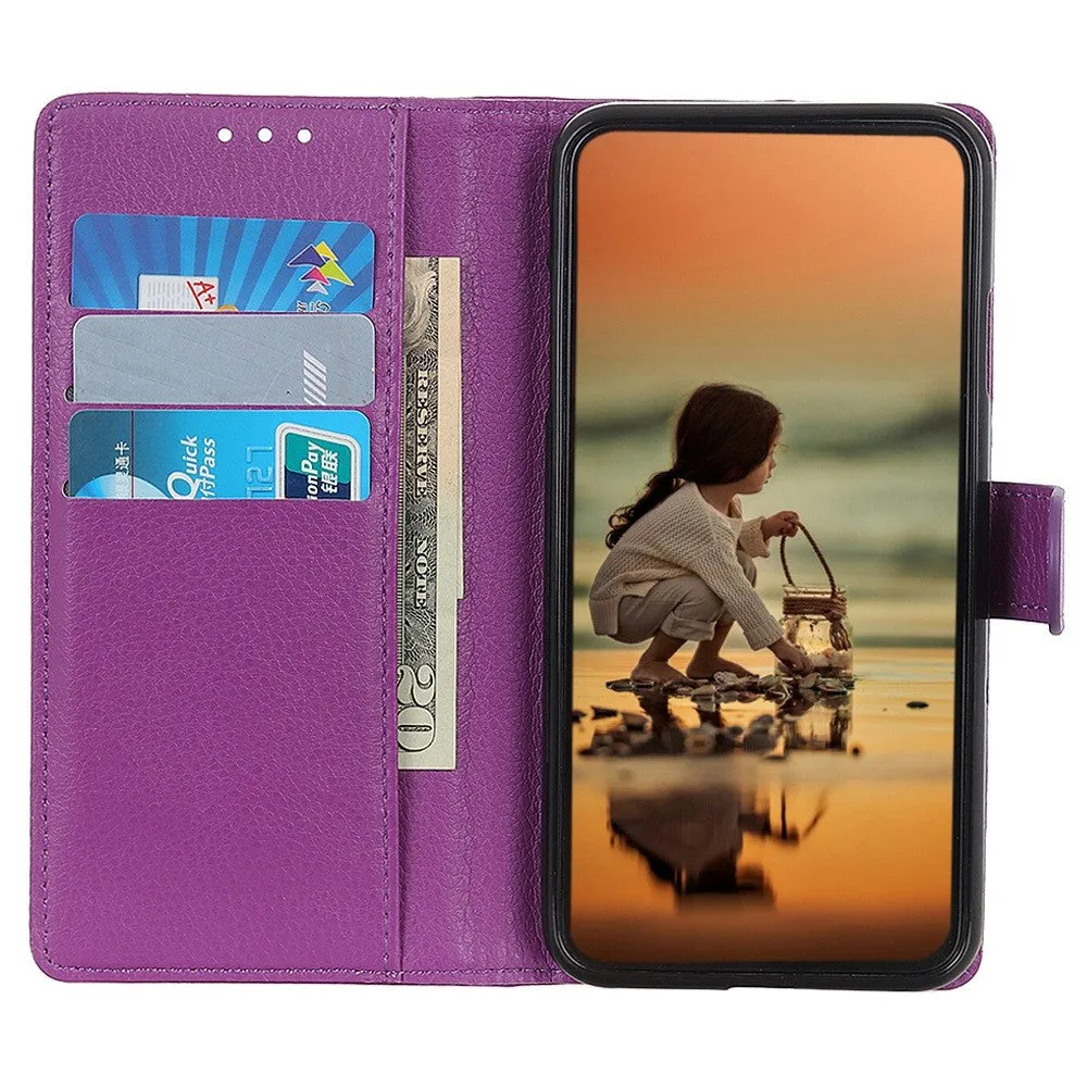 iPhone 16 Leather Case Flip Cover Litchi Look - Purple