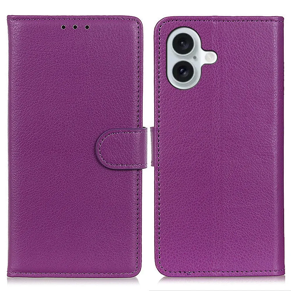iPhone 16 Leather Case Flip Cover Litchi Look - Purple