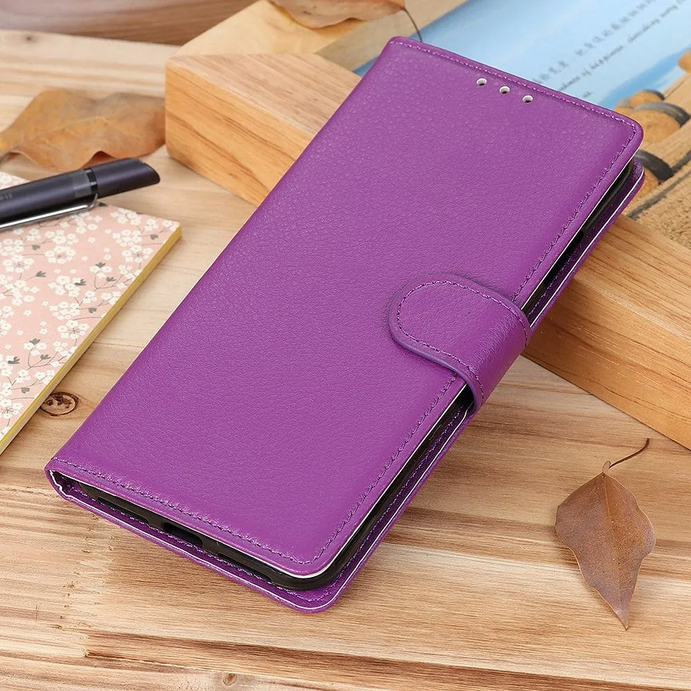 iPhone 16 Leather Case Flip Cover Litchi Look - Purple