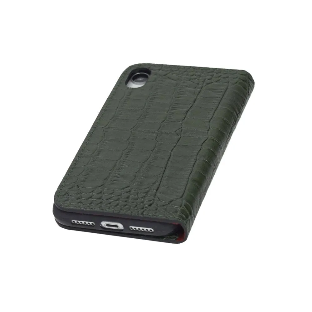iPhone XR Wallet Case - Green Croc With Red