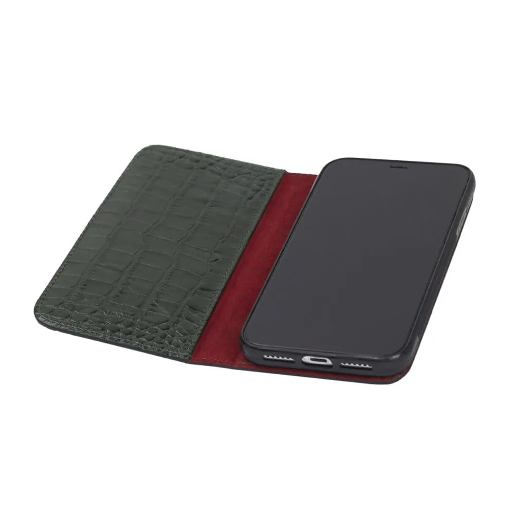 iPhone XR Wallet Case - Green Croc With Red