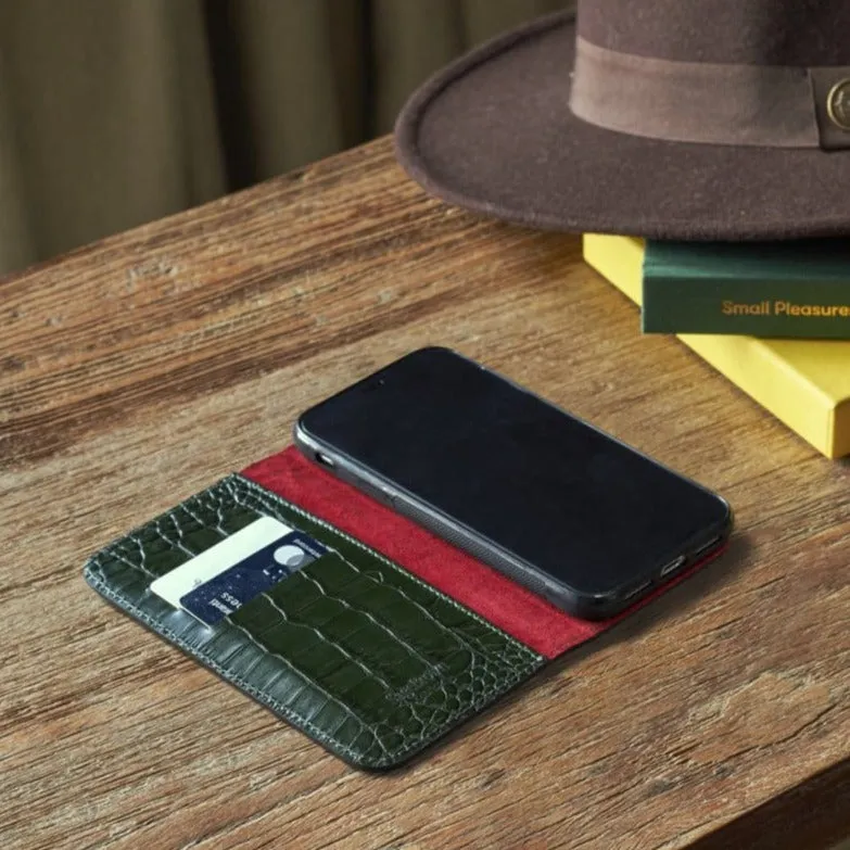 iPhone XR Wallet Case - Green Croc With Red