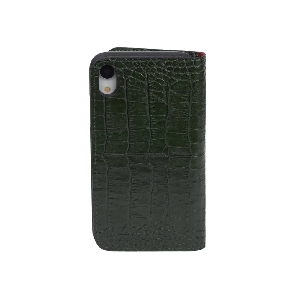 iPhone XR Wallet Case - Green Croc With Red