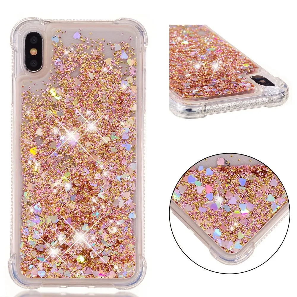 iPhone Xs Max hard case cover with Air Cushion drop protection liquid case glitter hearts - gold / transparent