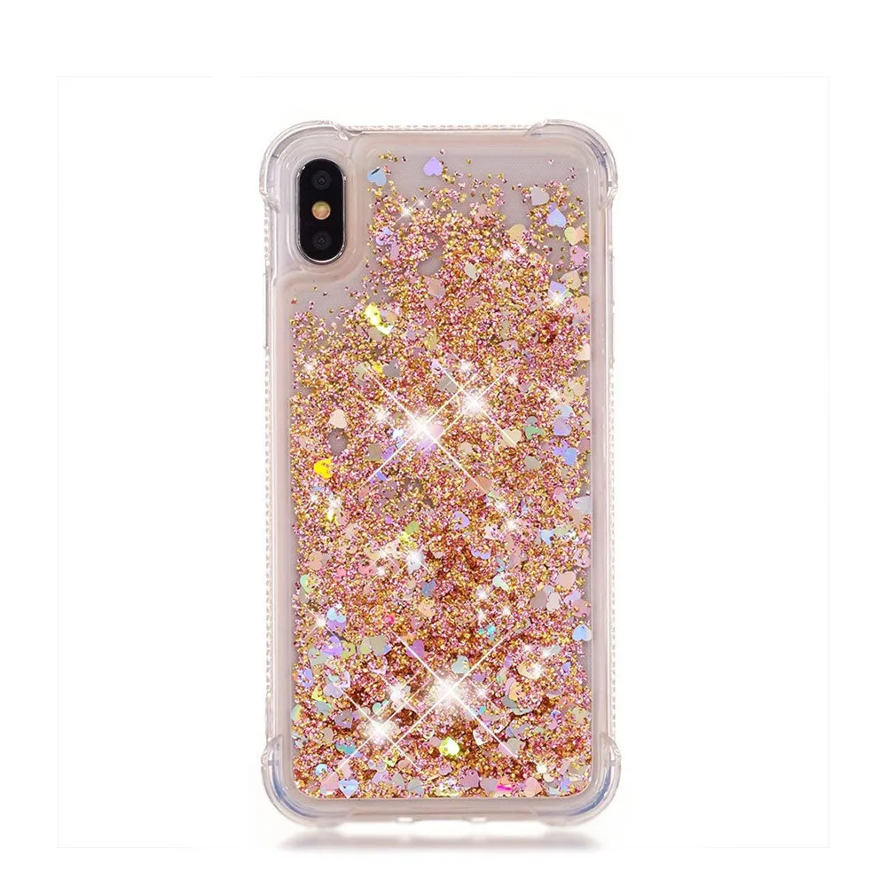 iPhone Xs Max hard case cover with Air Cushion drop protection liquid case glitter hearts - gold / transparent
