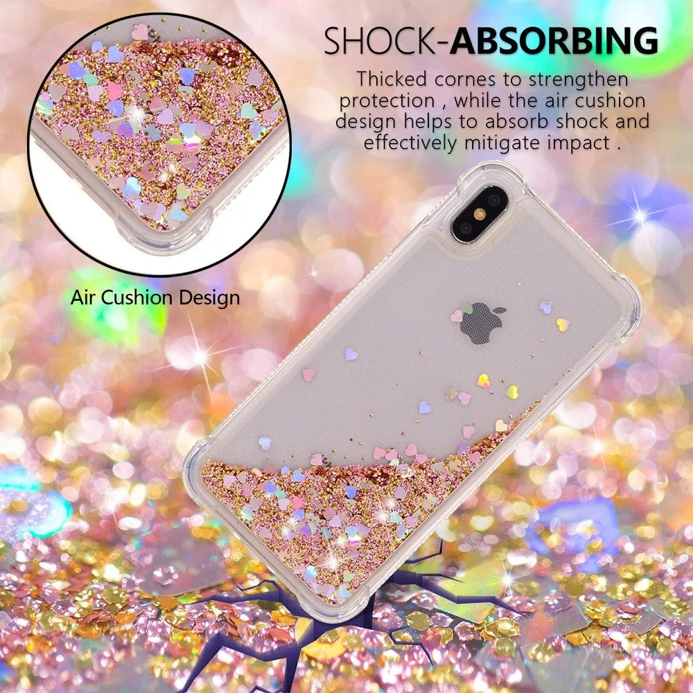 iPhone Xs Max hard case cover with Air Cushion drop protection liquid case glitter hearts - gold / transparent