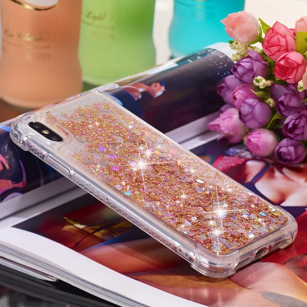 iPhone Xs Max hard case cover with Air Cushion drop protection liquid case glitter hearts - gold / transparent