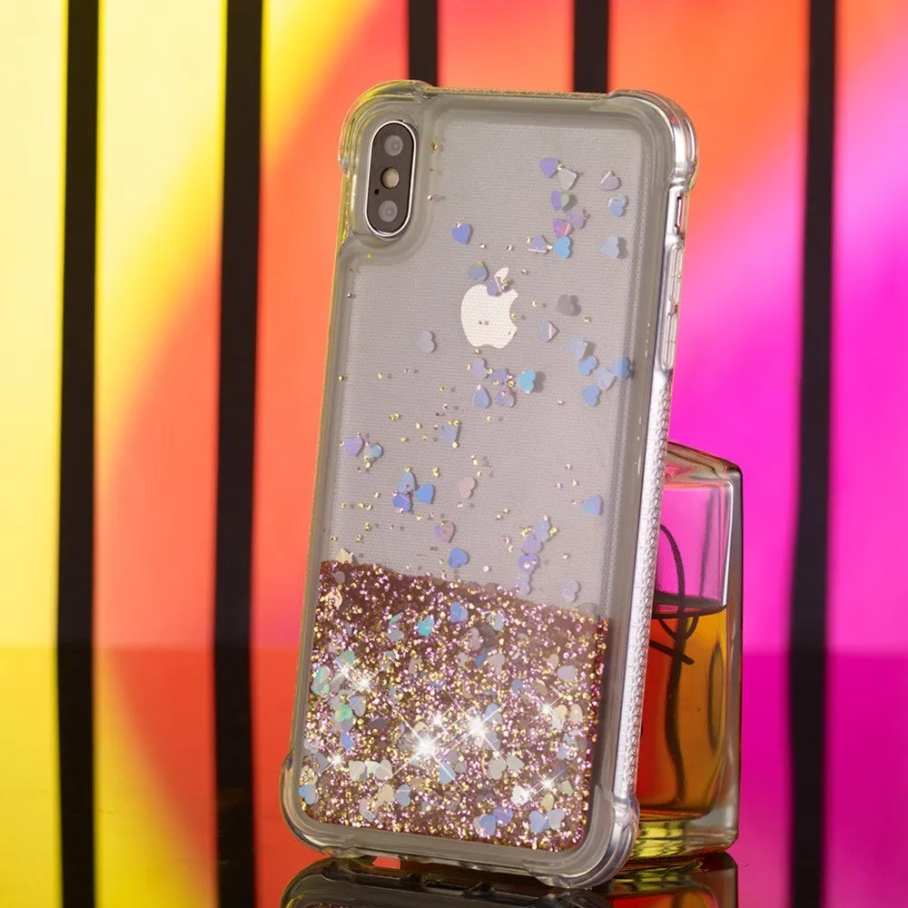 iPhone Xs Max hard case cover with Air Cushion drop protection liquid case glitter hearts - gold / transparent