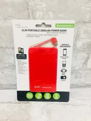 itek by Soundlogic Slim Rechargeable Portable 2800mAh Powerbank w/Built-in Micro USB Cable