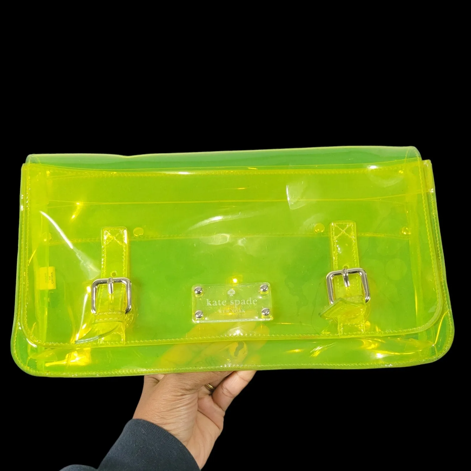 Kate Spade Sunny Hills Ellie Clutch Bag Green Neon Clear Translucent Rectangle Messenger