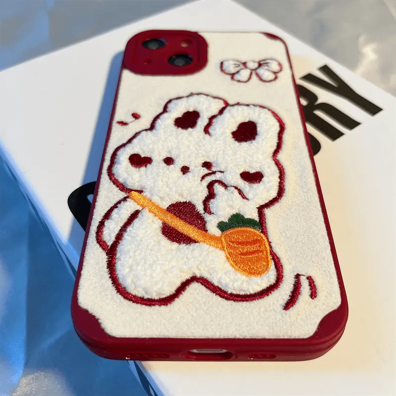 Kawaii Plush Embroidery Rabbit iPhone Case