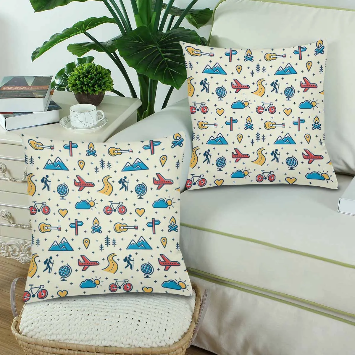 Kids Cartoon themed Pillow Cases printed with  colorful pattern with adventure travel icons