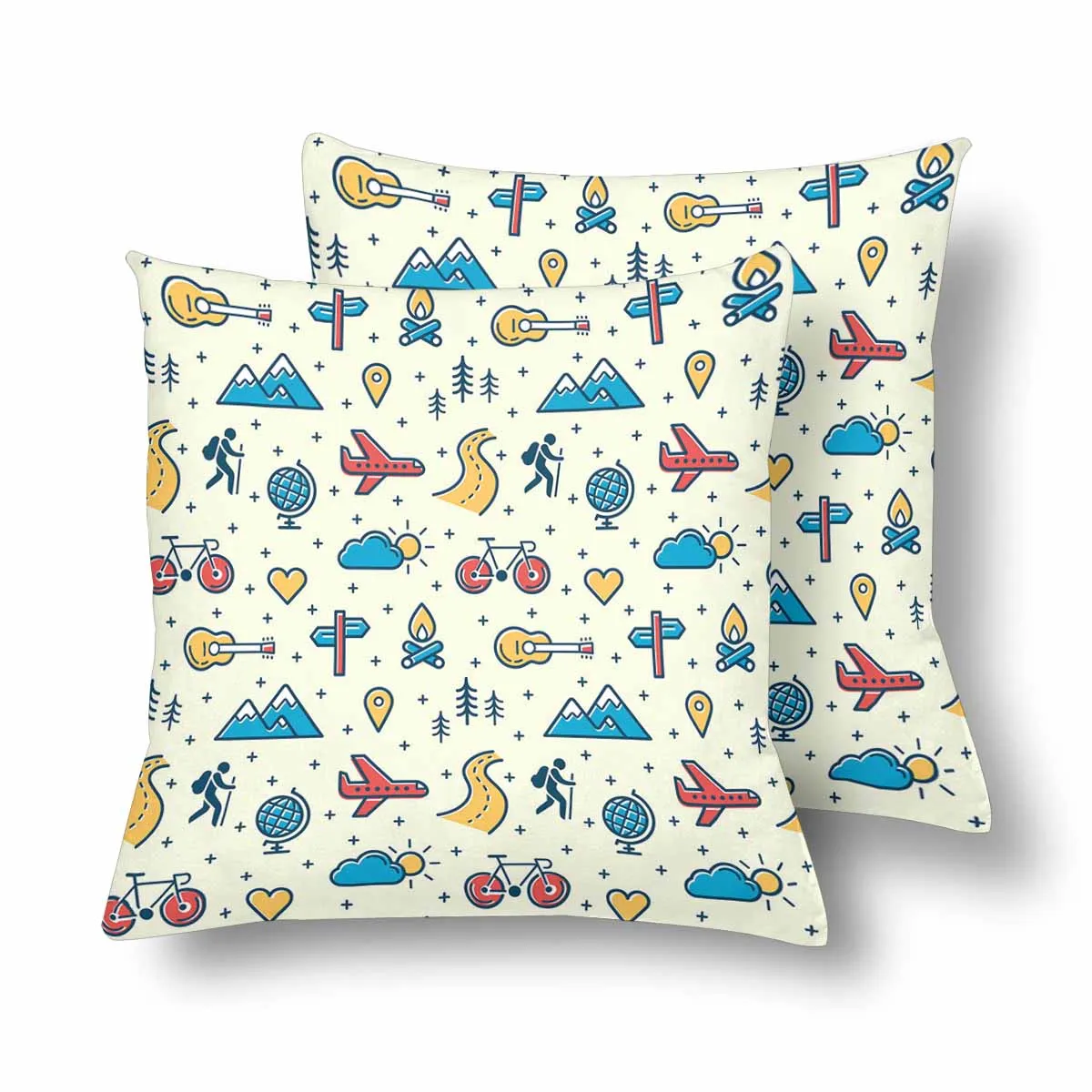 Kids Cartoon themed Pillow Cases printed with  colorful pattern with adventure travel icons