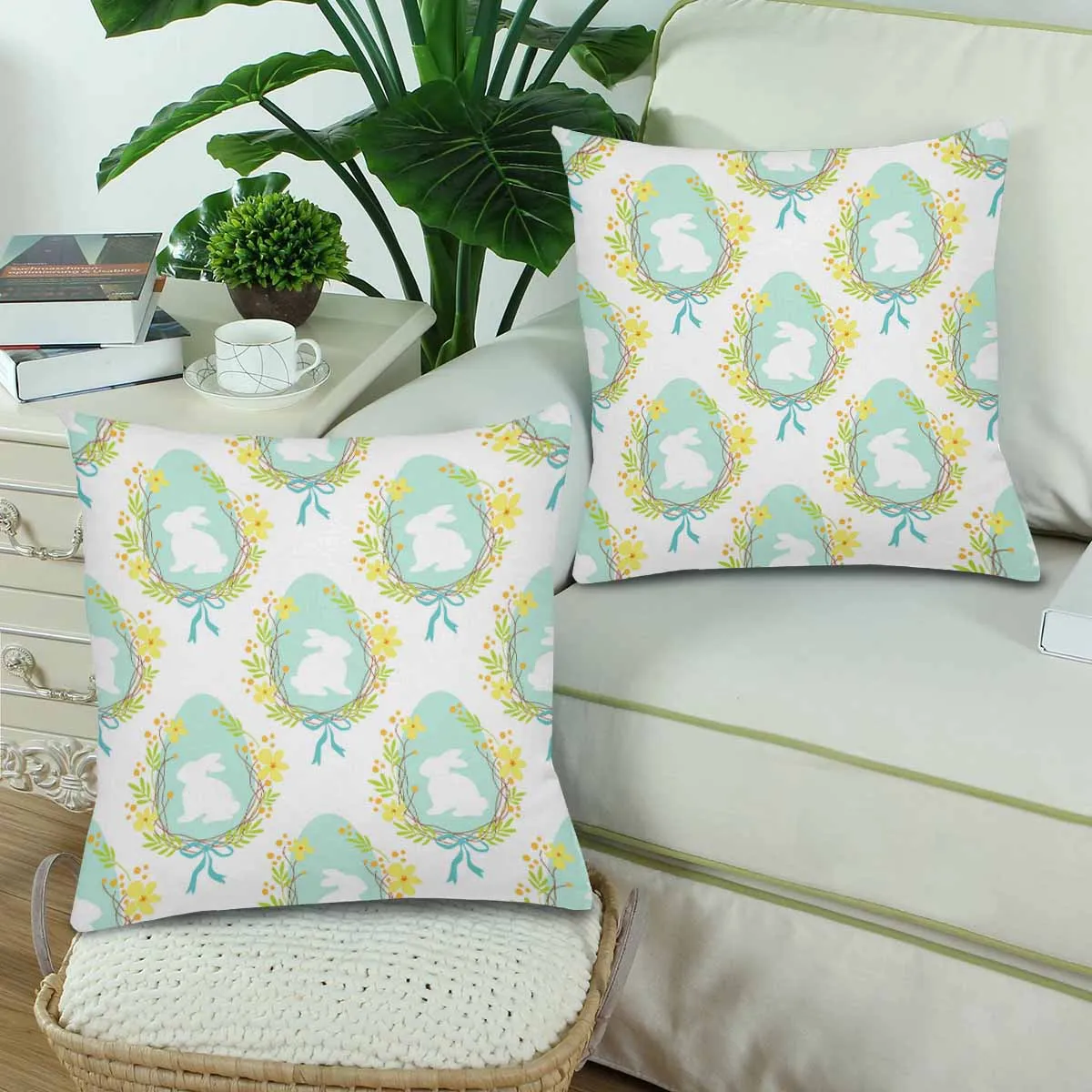 Kids Cartoon themed Pillow Cases printed with  cute easter pattern with rabbits and eggs