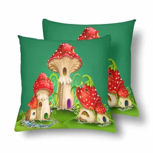 Kids Cartoon themed Pillow Cases printed with  fairy houses red mushrooms with water mill golden bell and owls
