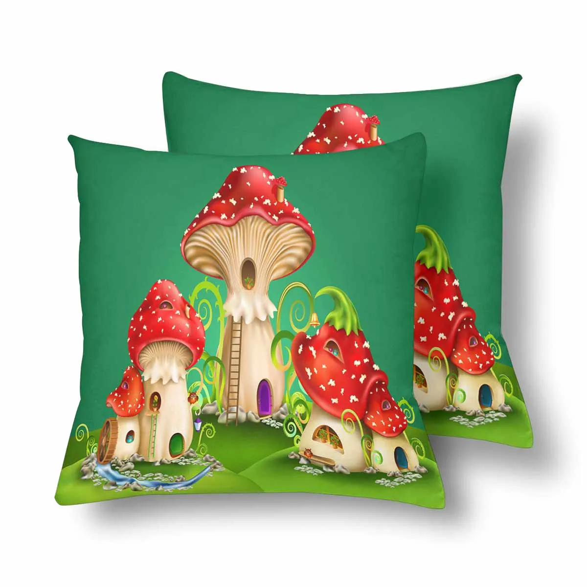 Kids Cartoon themed Pillow Cases printed with  fairy houses red mushrooms with water mill golden bell and owls